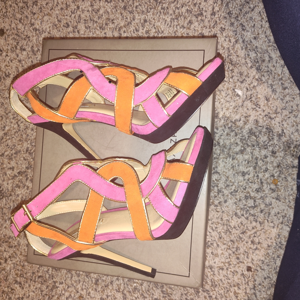 Vibrant Pink and Orange High Heels with Geometric Straps